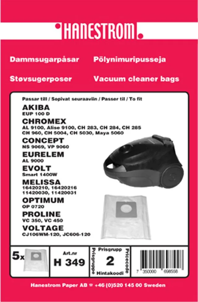 Dammsugarpåsar till Chromex CH283 (5 st dammsugarpåsar)