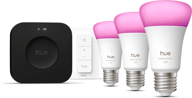 Startkit White Color E27 3-pack + Dimmer Switch + Bridge Pro