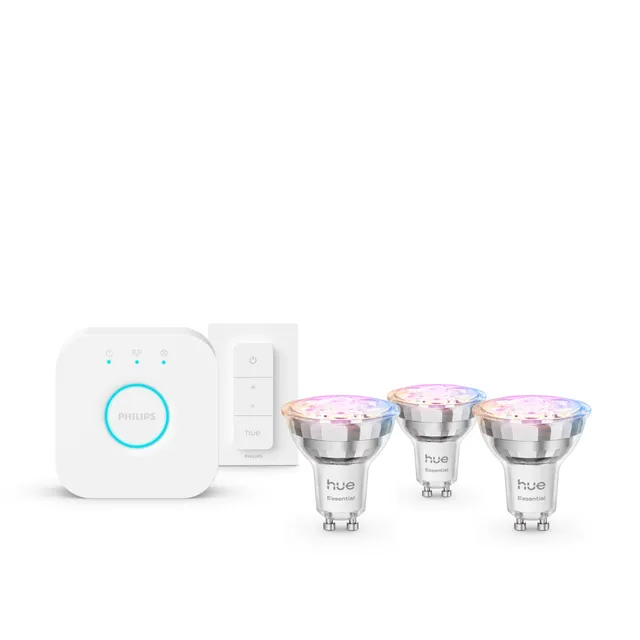 Hue Essential startpaket: 3 st GU10 ljuskällor + Dimmer Switch + Bridge