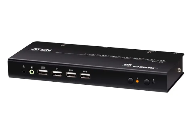 ATEN 2-portars USB 4K HDMI-switch för dubbla skärmar KVMP (kablar ingår), 5120 x 1440 pixlar, Dual QHD, 3,63 W, Svart