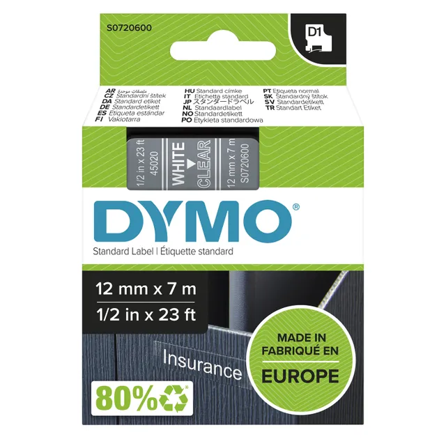 D1 märktejp standard 12mm, vit på klar, 7m rulle (S0720600)