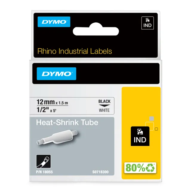 RhinoPRO märkbar krympslang 12mm, svart på vitt, 1.5m rulle (18055)