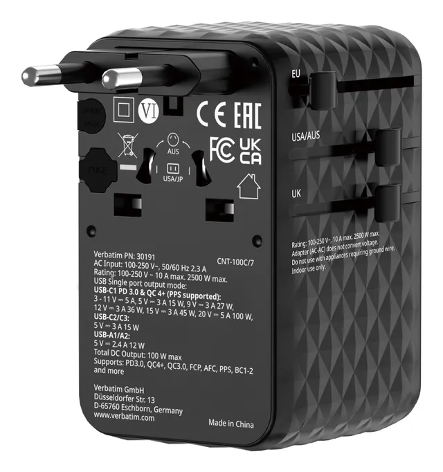 Charge 'n' Travel 100W Travel Adapter w/ Cable Bla
