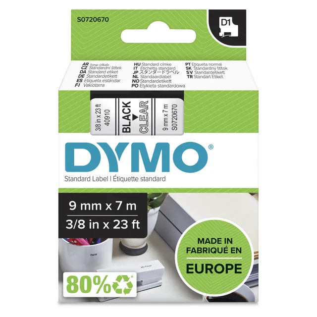 D1 märktejp standard 9mm, svart på transparent, 7m rulle (40910)