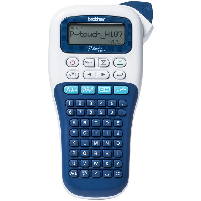 P-Touch PT-H107B - Etikettskrivare - svartvit - termisk överföring - Rulle (1,2 cm) - 180 dpi - upp till 20 mm/sek - kniv - tvåradig utskrift - vit, blå