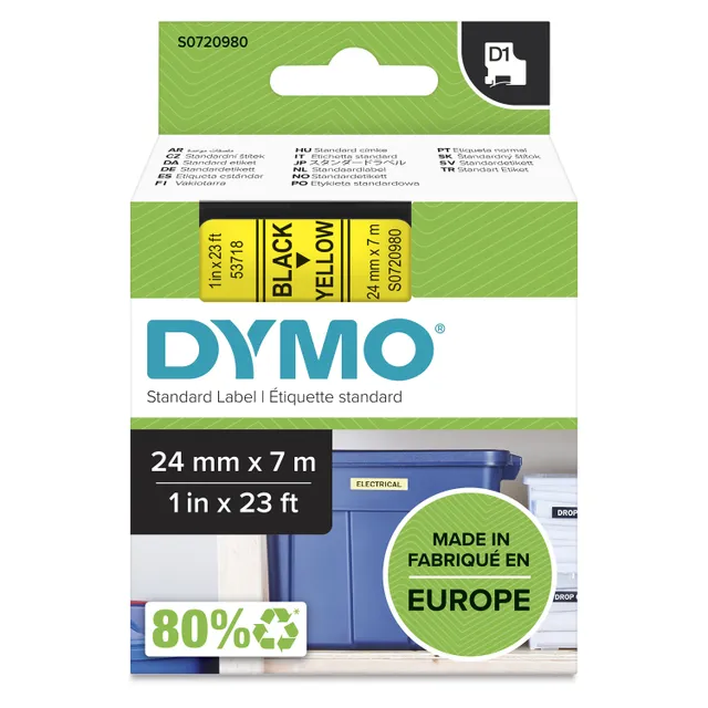 D1 märktejp standard 24mm, svart på gult, 7m rulle