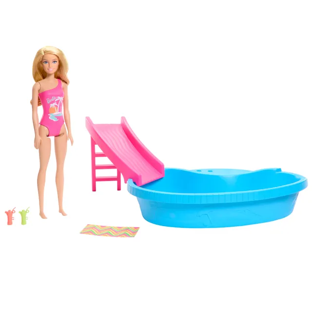 Doll And Pool Playset Blonde With Pool Slide Towel And Drink Accessories
