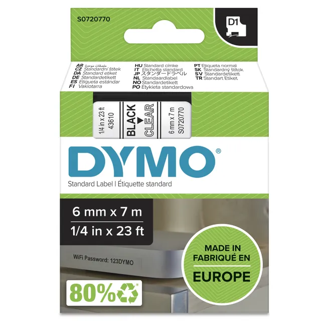 D1 märktejp standard 6mm, svart på transparent, 7m rulle (43610)