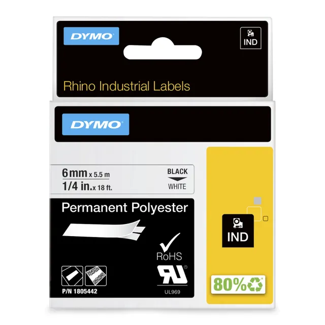 Rhino Professional, polyestertejp, 6mm, svart text på vit, 5,5m (1805442)