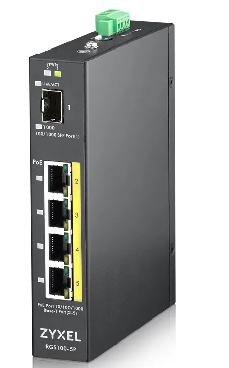 RGS100-5P - Switch - ohanterad - 4 x 10/100/1000 (PoE+) + 1 x Fast Ethernet/Gigabit SFP - DIN-skenmonterbar, rackmonterbar - PoE+ (120 W) - liks