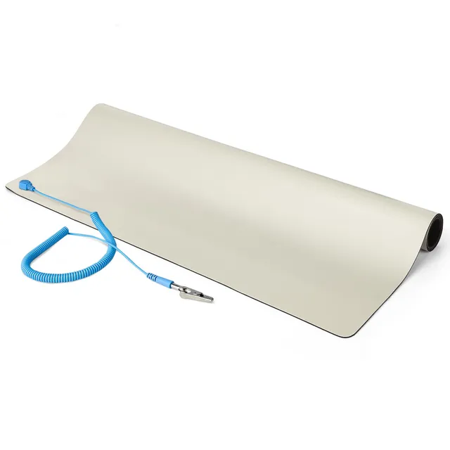 23x47in Anti Static Mat, ESD Mat for Electronics Repair, Anti Static Desk Mat w/Detachable Grounding Wire, ANSI/ESD S 4.1 Compliant, Flexible Thermoplastic Work Mat/Pad - Suitable for Tables (LG-ANTI-STATIC-MAT) - Antistatisk matta - löstagbar jordledning - beige
