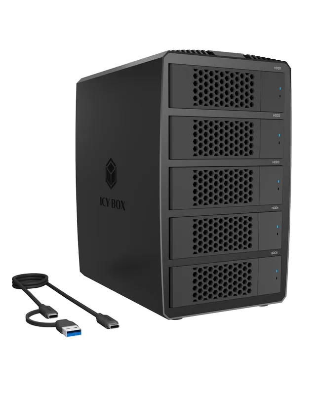 Icy Box System-RAID för 5 stycken 2,5/3,5 SATA-hårddiskar, IB-RD3705-CU3: RAID 0, 1, 10, 3, 5, enkel, stor, klon