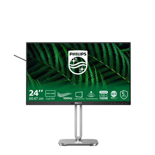 23.8" Philips 24B2G5301, IPS 1920x1080, 4 ms, 75Hz, höjdjusterbar, pivot, VGA/HDMI/DP/USB-C 100W, LAN, högtalare, KVM-switch, USB 3.2-hubb