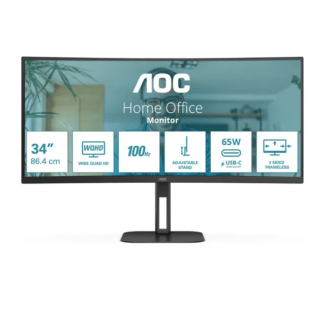 34" AOC Value-line CU34V5C - 3440x1440 (UWQHD) - 100Hz - VA - 65W USB-C