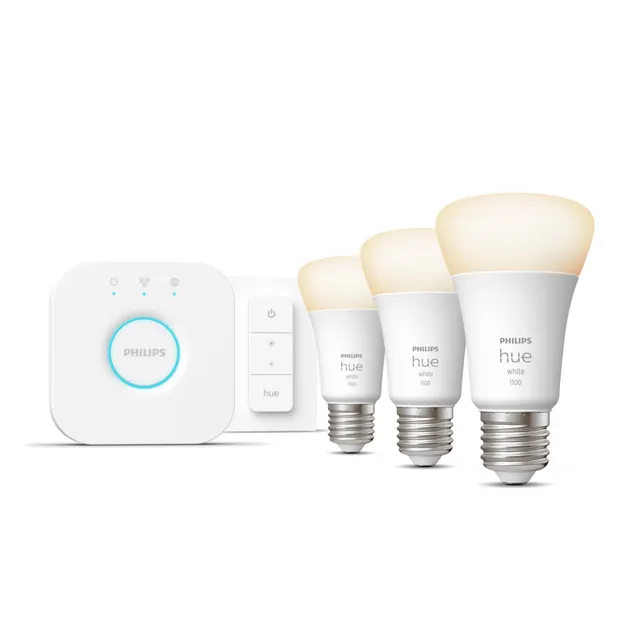 Hue White startpaket - 3x E27 A60-lampor + dimmerbrytare + Hue Bridge
