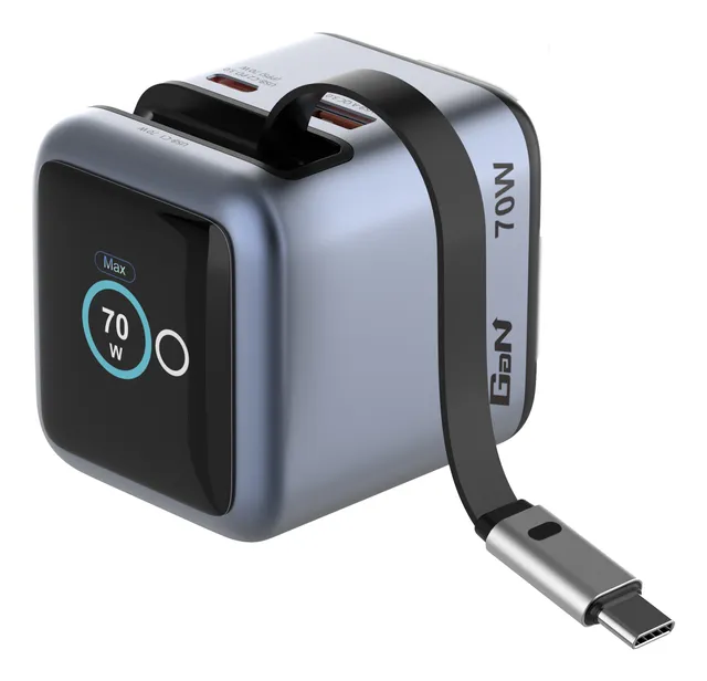 Mini GaN Charger 70W with Retractable USB-C Cable & Display