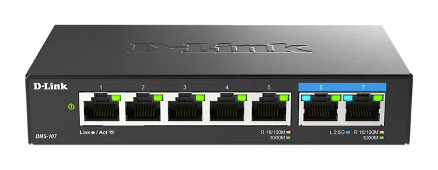 D-Link DMS-107 - Switch - ohanterad - 5 x 10/100/1000 + 2 x 2.5GBase-T - skrivbordsmodell, väggmonterbar
