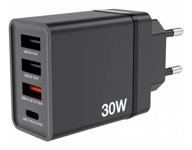 30W 4-Port USB Wall Charger - Black