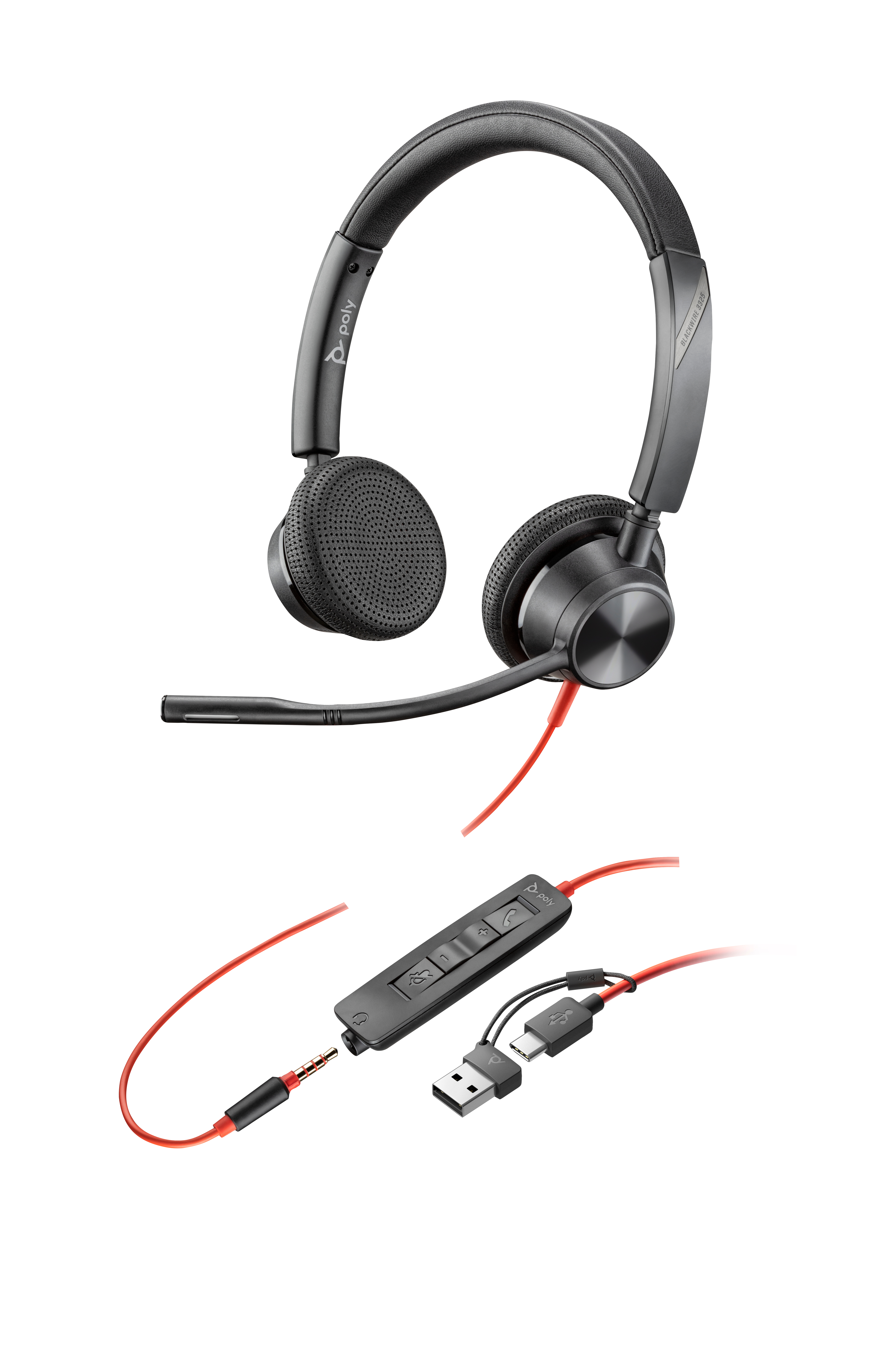 HP Poly Blackwire 3325 - Blackwire 3300 series - headset - på örat - kabelansluten - 3,5 mm kontakt, USB-C - svart - UC-certifierad