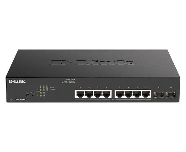 nätverksswitch, 8xRJ45, 2xSFP, PoE plus, Gigabit, svart/silver