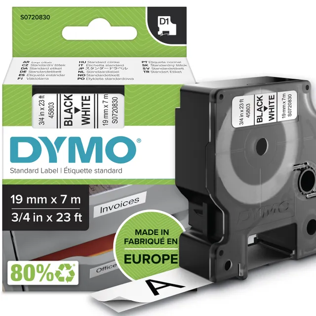 D1 märktejp standard 19mm, svart på vitt, 7m rulle (S0720830)