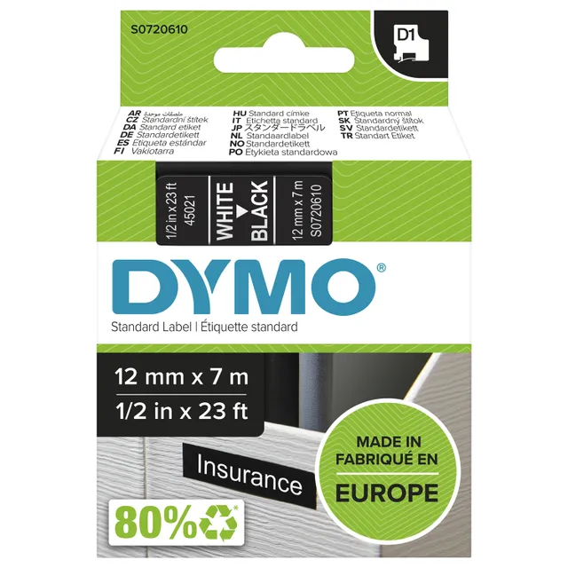 D1 märktejp standard 12mm, vitt på svart, 7m rulle (45021)