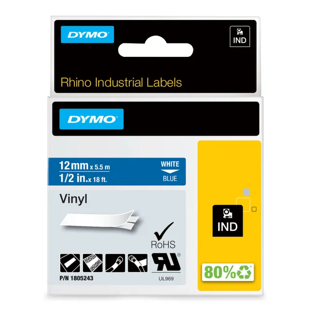 Rhino Professional, 12mm, märkbar vinyltejp, vit text blå tejp, (1805243)