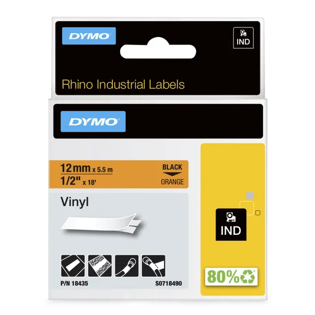 RhinoPRO märktejp perm vinyl 12mm, svart på orange, 5.5m rulle (18435)
