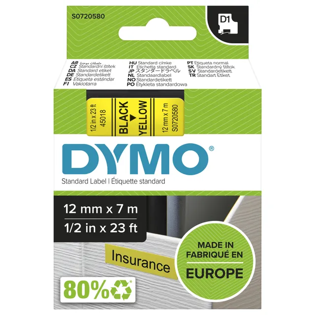 D1 märktejp standard 12mm, svart på gult, 7m rulle (S0720580)