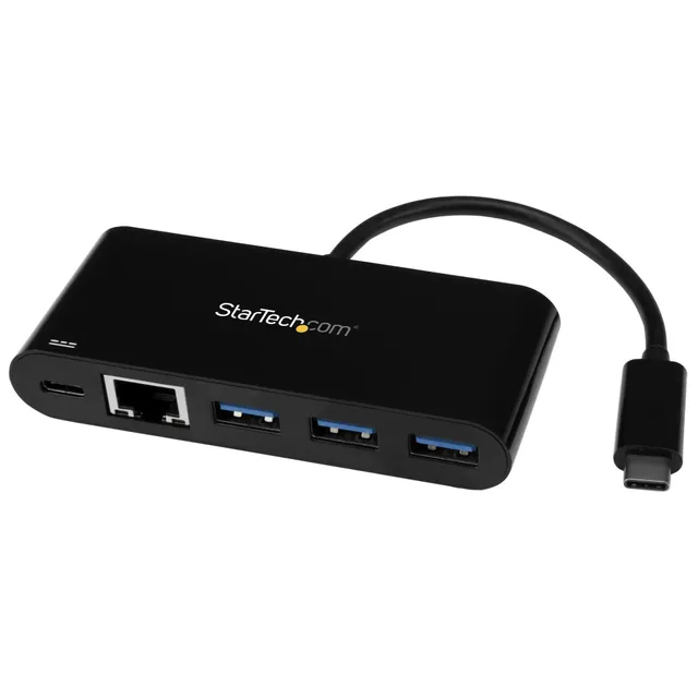 USB-C till Ethernet-adapter med USB 3.0-hubb med 3 portar och Power Delivery - Nätverksadapter - USB-C - Gigabit Ethernet - svart