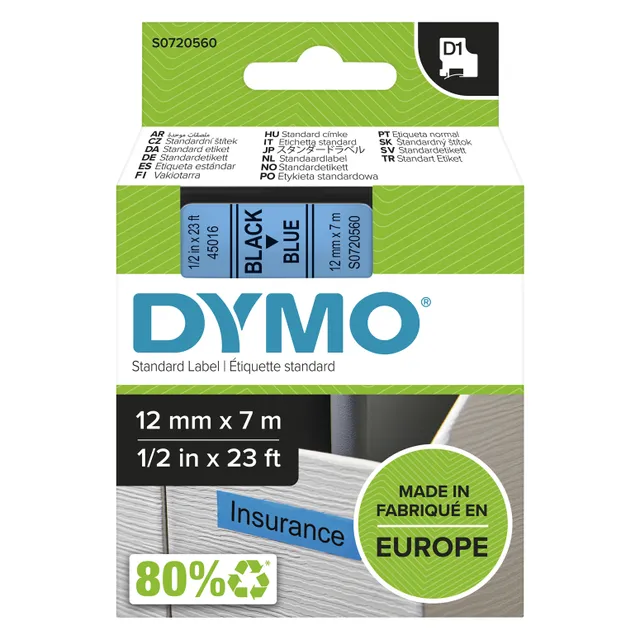 D1 märktejp standard 12mm, svart på blått, 7m rulle (45016)