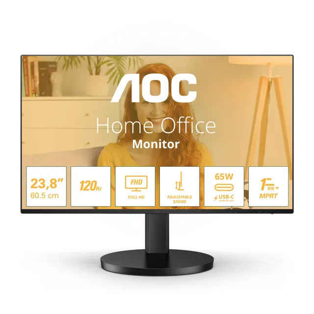 23.8" AOC 24B3CF2, IPS 1920x1080, 1 ms, 100Hz, höjdjusterbar, HDR, HDMI/DP/USB-C 65W, högtalare, USB 3.2-hubb