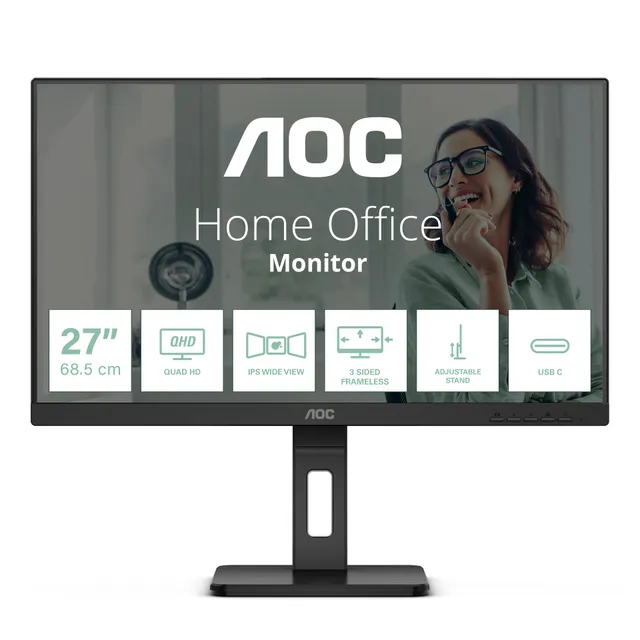 27" AOC Q27P3CV, IPS 2560x1440, 4 ms, 75Hz, höjdjusterbar, pivot, 2xHDMI/DP/USB-C 65W, LAN, högtalare, USB 3.2-hubb
