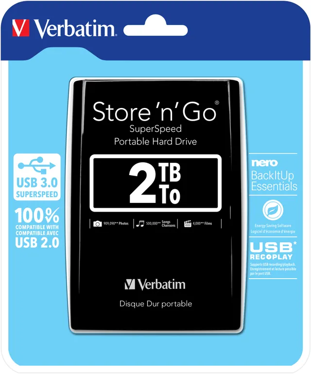 2 TB Verbatim Store'n'Go, 2.5", USB 3.0 - Svart