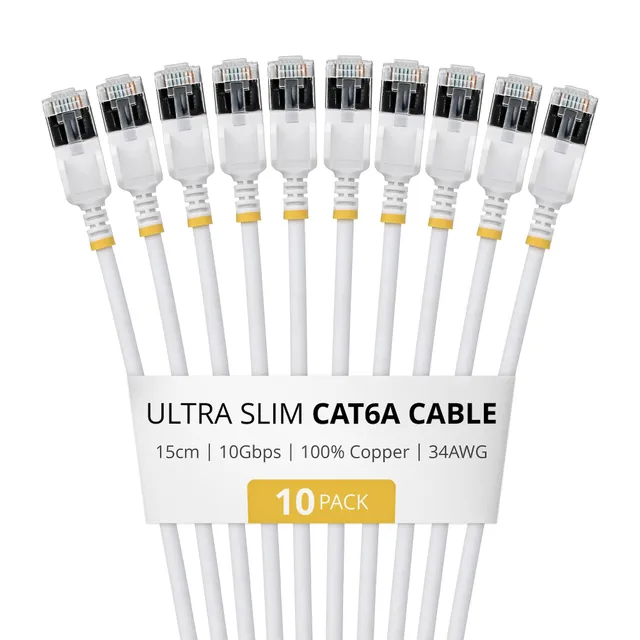 ULTRA SLIM CAT6A CABLE WHITE SNAGLESS RJ45 PATCH CABLE 10 PAC