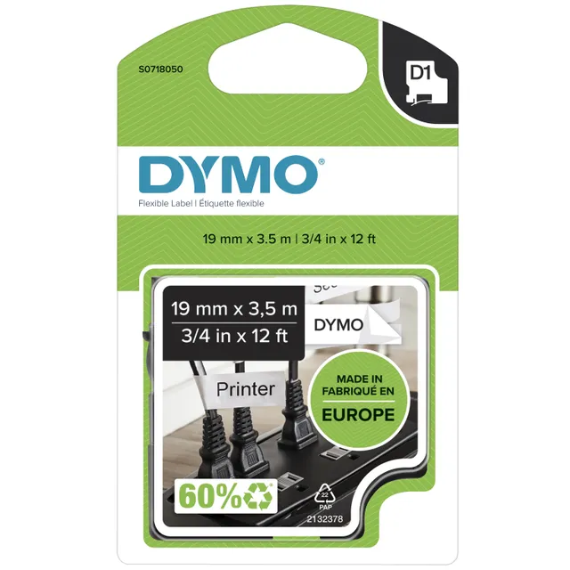 D1 märktejp flex nylon 19mm, svart på vitt, 3.5m rulle (S0718050)