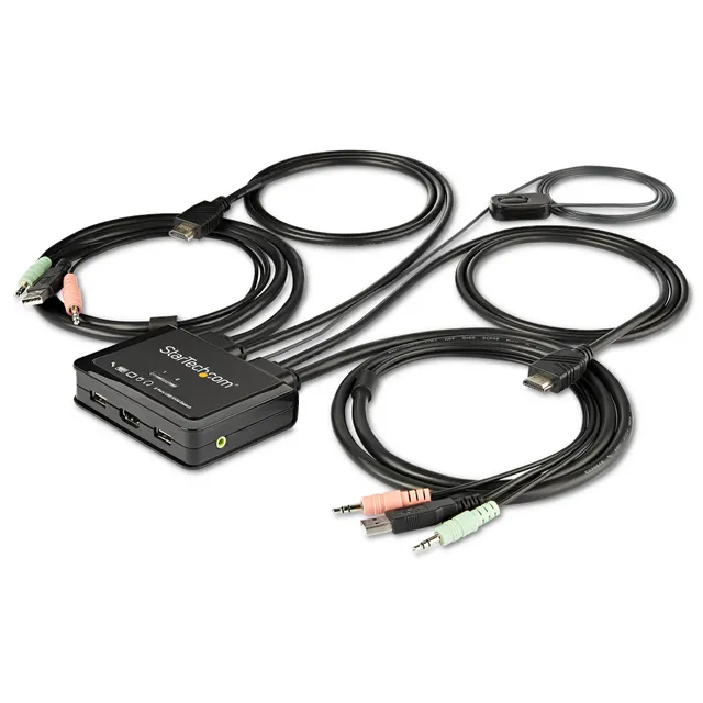 HDMI KVM-switch med 2 portar - 4K 60 Hz - Kompakt UHD/ultra HD USB KVM-switch för stationära datorer med dubbelport och inbyggda 1,2 m kablar samt audio - Bussdriven och fjärrswitchad - MacBook ThinkPad - Omkopplare för tangentbord/video/mus/ljud - 2 x KVM/ljud - 1 lokal användare - skrivbordsmodell