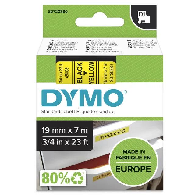 D1 märktejp standard 19mm, svart på gult, 7m rulle (S0720880)