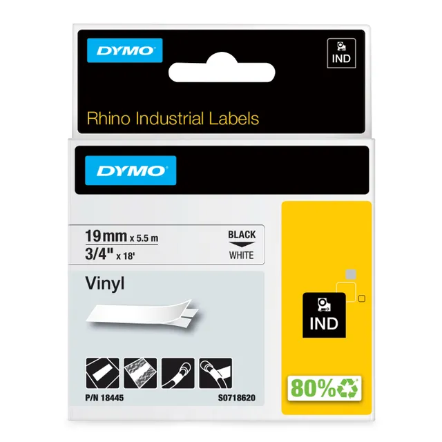 RhinoPRO märktejp perm vinyl 19mm, svart på vitt, 5.5m rulle (18445)