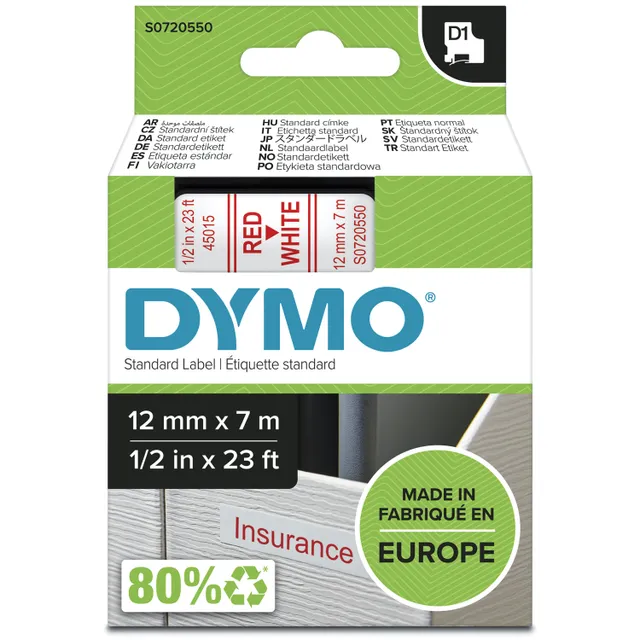 D1 märktejp standard 12mm, rött på vitt, 7m rulle (45015)