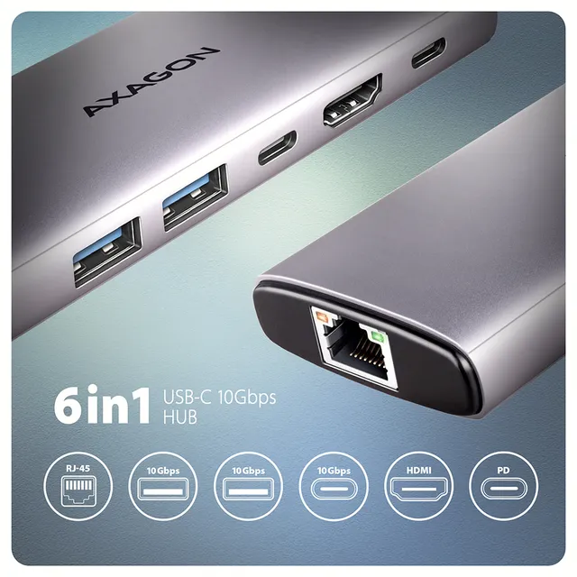 Combo 6-i-1 USB-C 10 Gbps HUB USB Hub - USB 3.2 - 6 porte - Silver