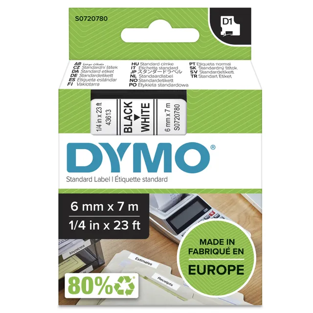 D1 märktejp standard 6mm, svart på vitt, 7m rulle
