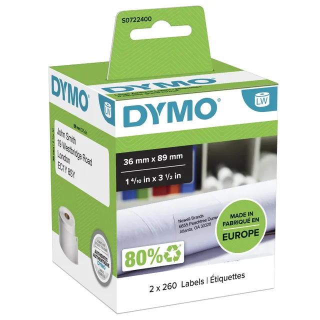 LabelWriter stora adressetiketter, vita 89x36mm / 2x260st (S0722400)