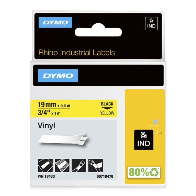 RhinoPRO märktejp perm vinyl 19mm, svart på gult, 5.5m rulle (18433)