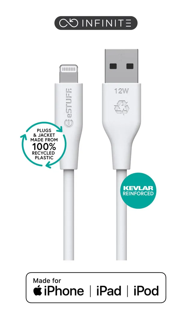 USB-kabel eSTUFF INFINITE Super Soft USB-A till Lightning, MFI, Recycled, 1 meter - Vit