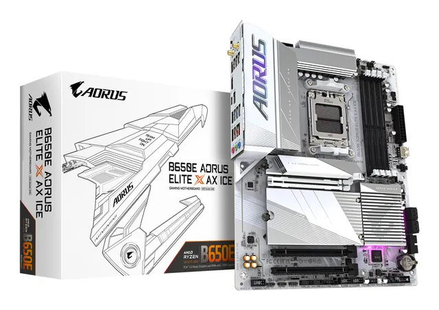 B650E AORUS ELITE X ICE, AMD AM5, PCI Express, ATX, 4xDDR5, 3xM.2 + SATA3 RAID, 2xHDMI/USB-C, 2.5GbE LAN, WiFi 6E, Bluetooth 5.3, RGB Fusion