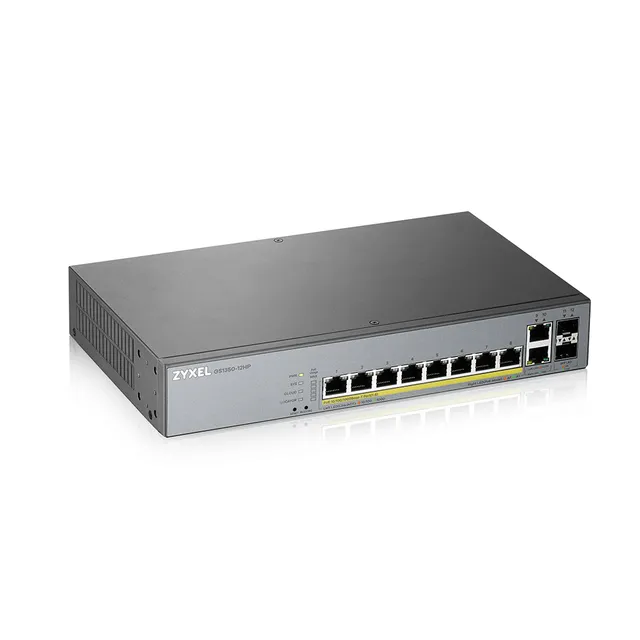 GS1350-12HP, 10-port Gigabit, 8xPoE (802.3af/at), 2xSFP, 130W, Nebula/Standalone, rackmonterbar