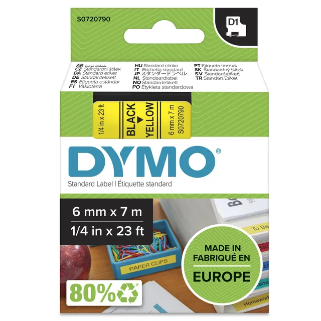 D1 märktejp standard 6mm, svart på gult, 7m rulle (S0720790)