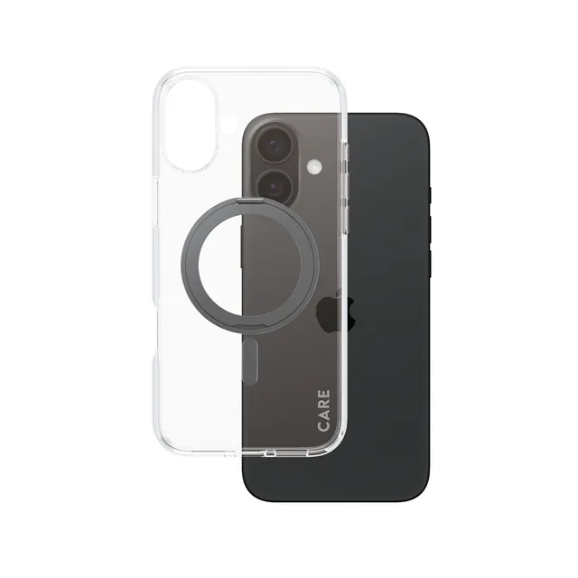 CARE by PanzerGlass - Baksidesskydd för mobiltelefon - MagSafe-kompatibilitet - återvunnen plast - transparent, svart - för Apple iPhone 16 Plus
