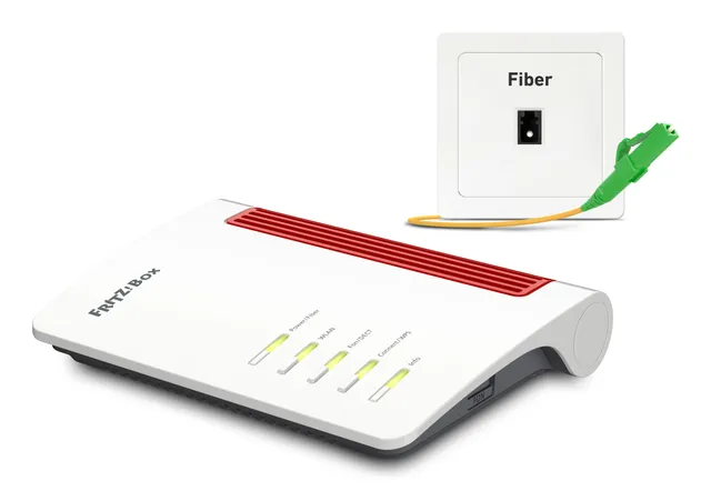 FRITZ!Box 5530 Fiber - Trådlös router - GPON-terminal / röstkort 3-ports-switch - 1GbE, 2.5GbE, GPON, XGS-PON, AON - Wi-Fi 6 - Dubbelband - VoIP-telefonadapter (DECT)